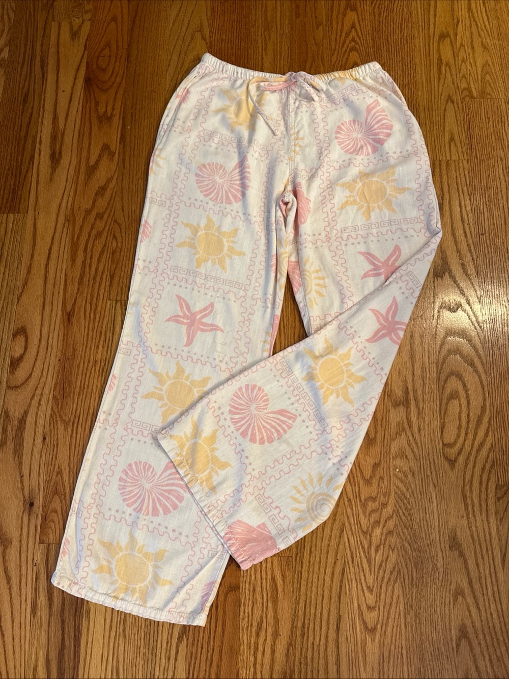 Angel Kiss White Wide Leg Pants with Pink and Yellow Seashell Print